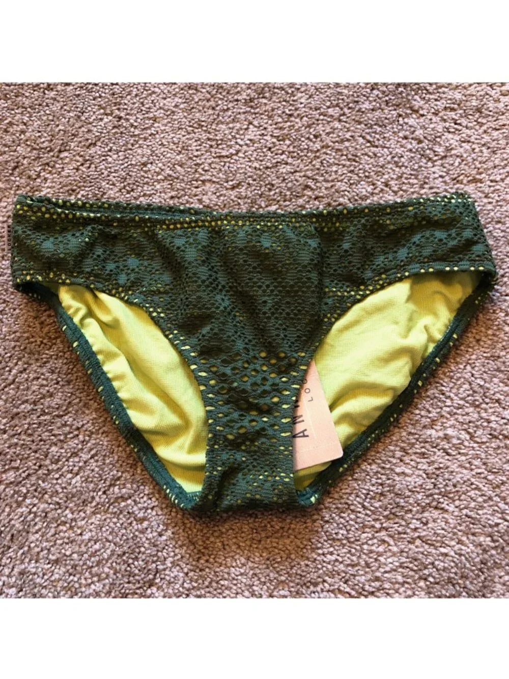 NEW NWT ANNE COLE LOCKER Olive Lime Green Crochet Mesh Bikini Swim Bottom Small